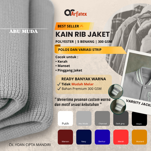 Kain rib bur untuk jaket premium abu muda polyester jaket bomber varsity strip polos rajut halus