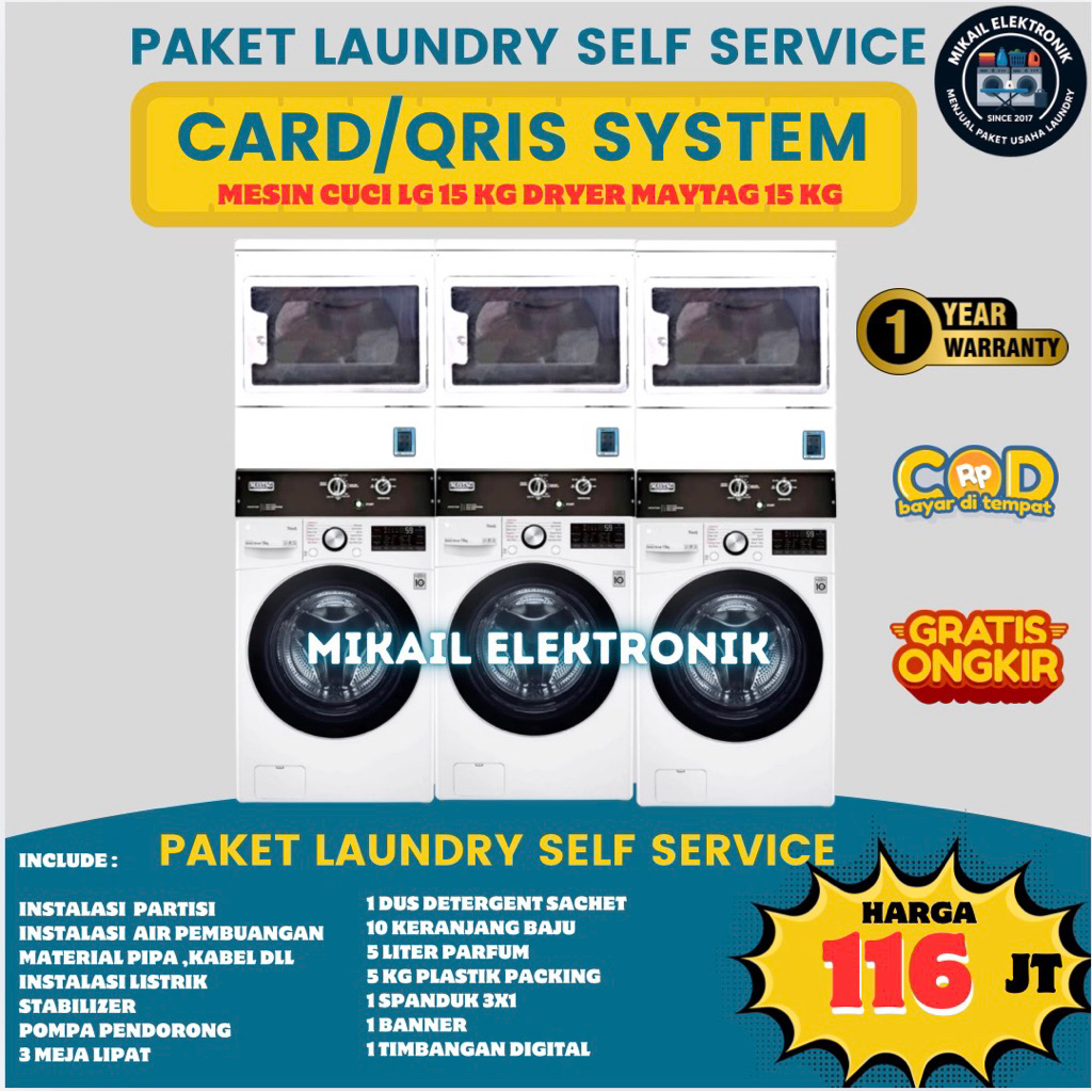 PAKET LAUNDRY SELF SERVICE QRIS 3 SET MESIN CUCI LG 15 DRYER MAYTAG