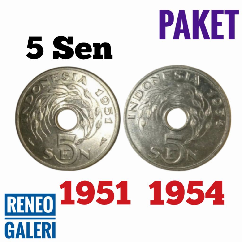 Paket 2 Tahun cetak koin 5 Sen bolong Indonesia 1951 1954 uang kuno lama logam asli original masih b