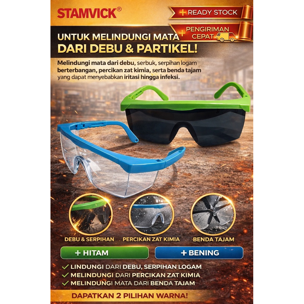 Kacamata Las / Kaca Mata Safety Gurinda Stamvick ( Ada Tali ) - Safety Goggle Ukuran Standart