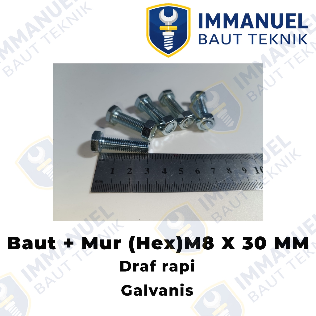Baut Mur M8x30 Putih Kunci 12 Baut 8x30 Full Drat Mur M8 Galvanis