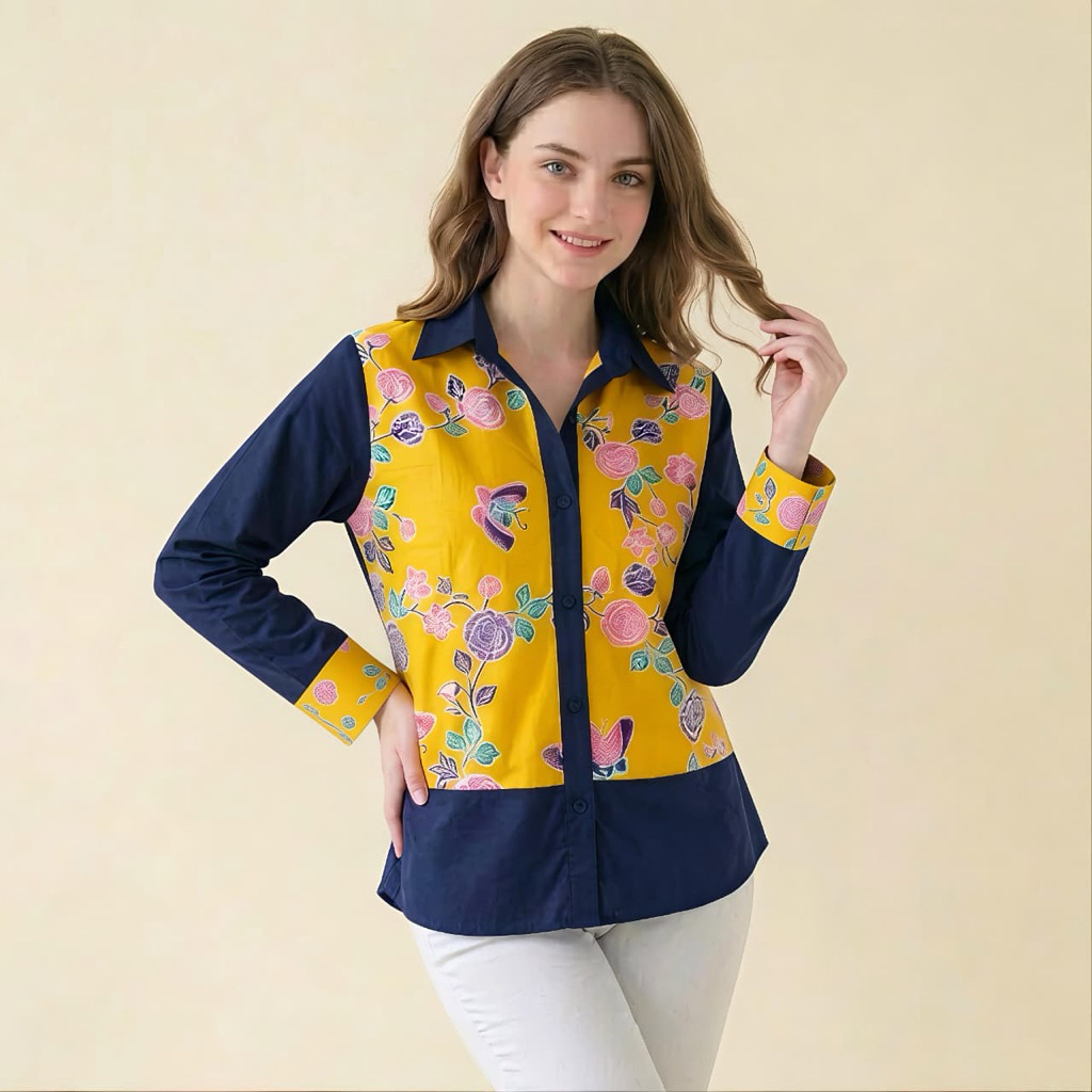 Shanaya Batik Blus Clara Batik Printing Bunga Kombinasi Toyobo atasan wanita seragam blouse kantor