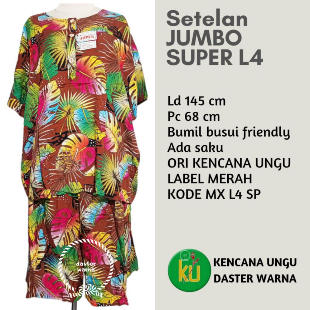 Babydoll Setelan Batik Super Jumbo L4 Kencana Ungu Label Merah Kancing Depan