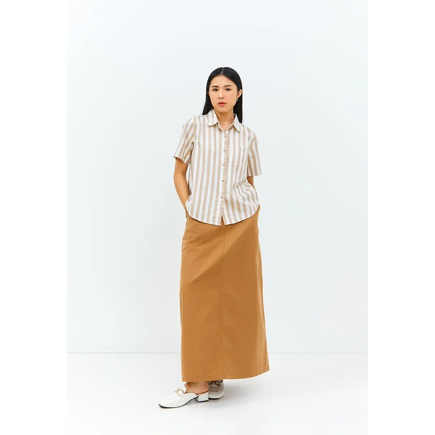 GEELA Kemeja Wanita Katun Motif Garis Coklat Putih L Fit To XL (Oversize)