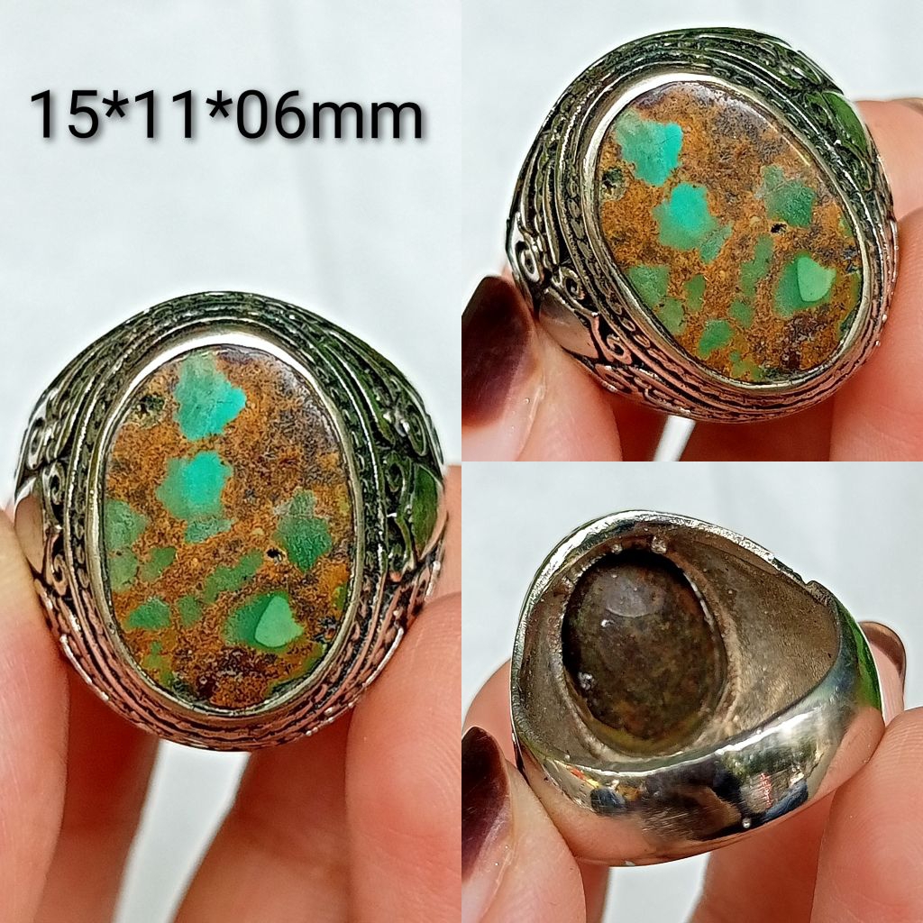 cincin pirus Persia hijau serat emas