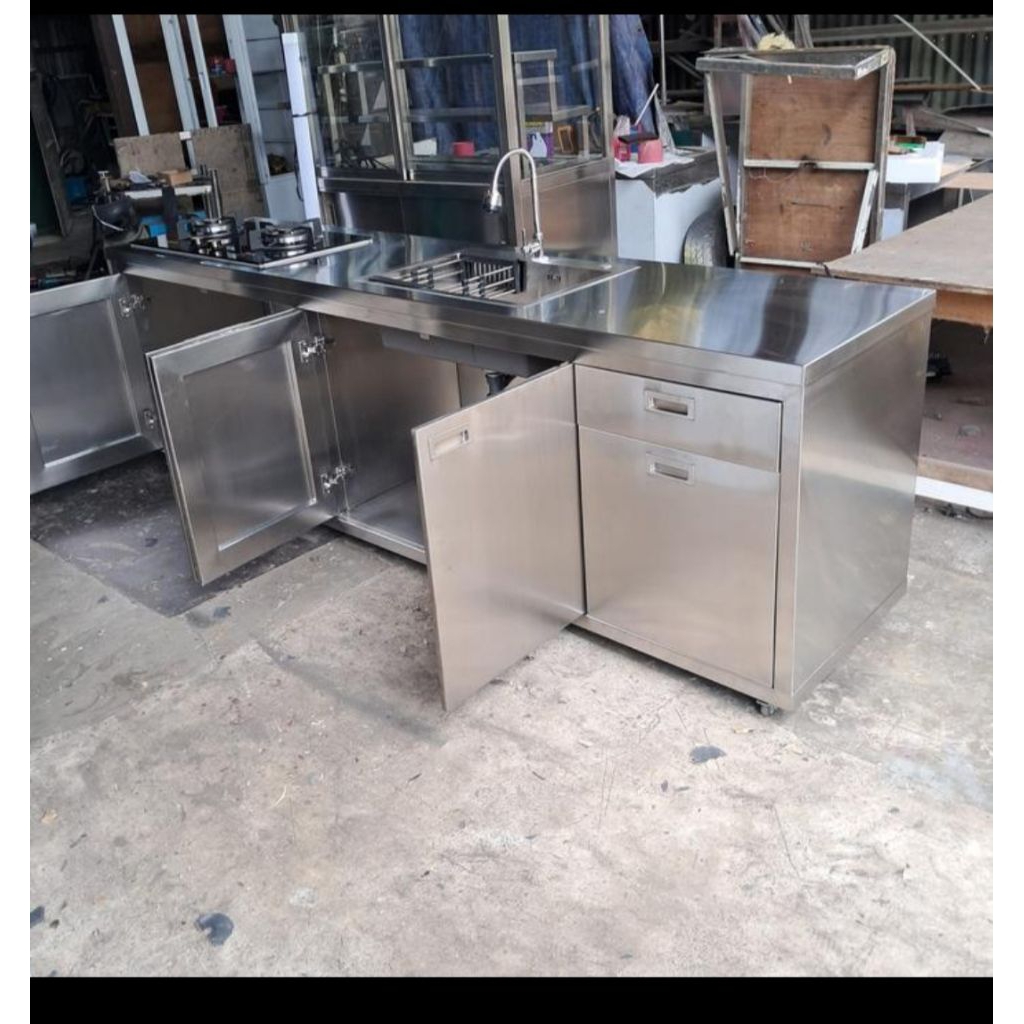 Meja kompor 2 tungku dengan single sink dan rak piring meja kompor 2 tungku stainless steel single s