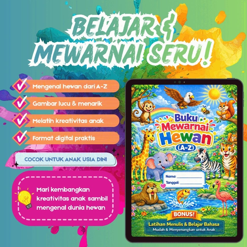 Buku Mewarnai Anak - Edisi HEWAN dari A-Z | Animals Coloring Book for Kids (File Digital)
