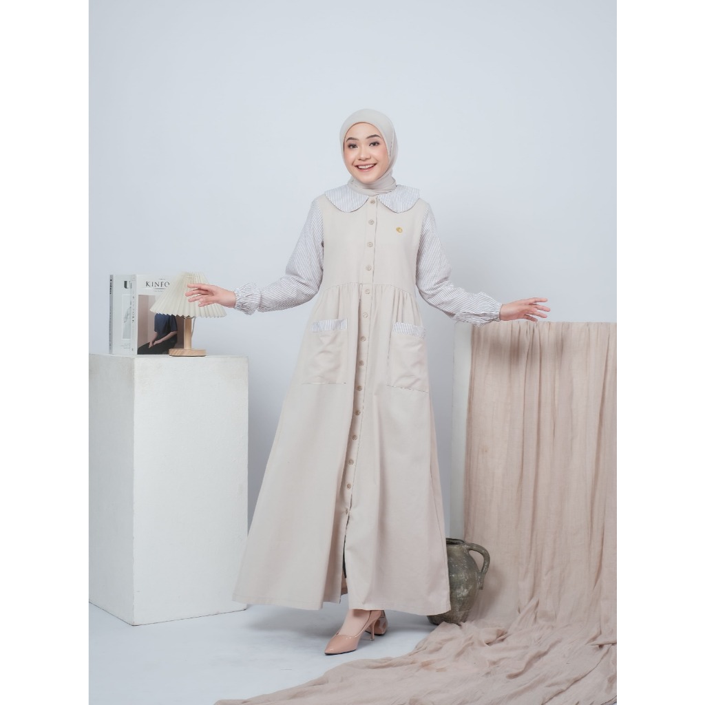 Alena Dress Gamis Wanita Remaja Muslimah Bahan Katun Kombinasi Salur Adem Lucu Simpel