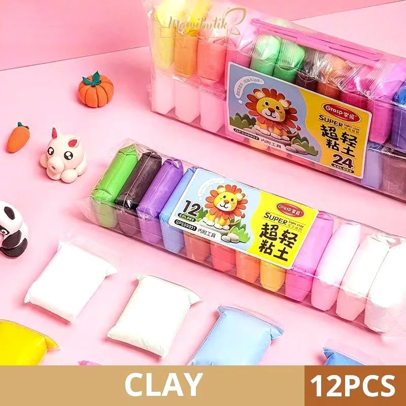 (GROSIRAN) Clay Mainan Anak Isi 12pcs Mainan Anak Soft Clay Dough Lilin Super Light Multifungsi