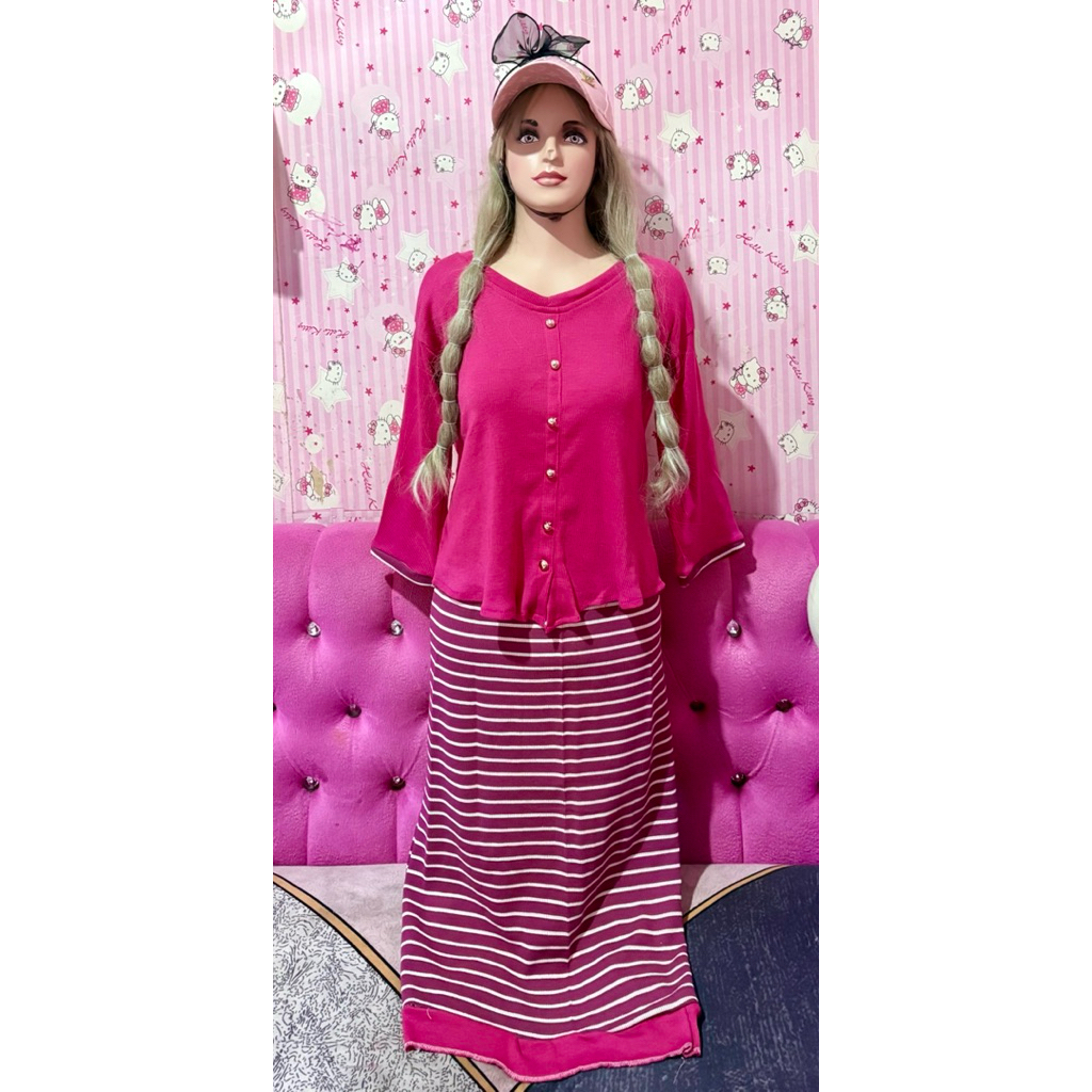 setelan rok salur pink fanta