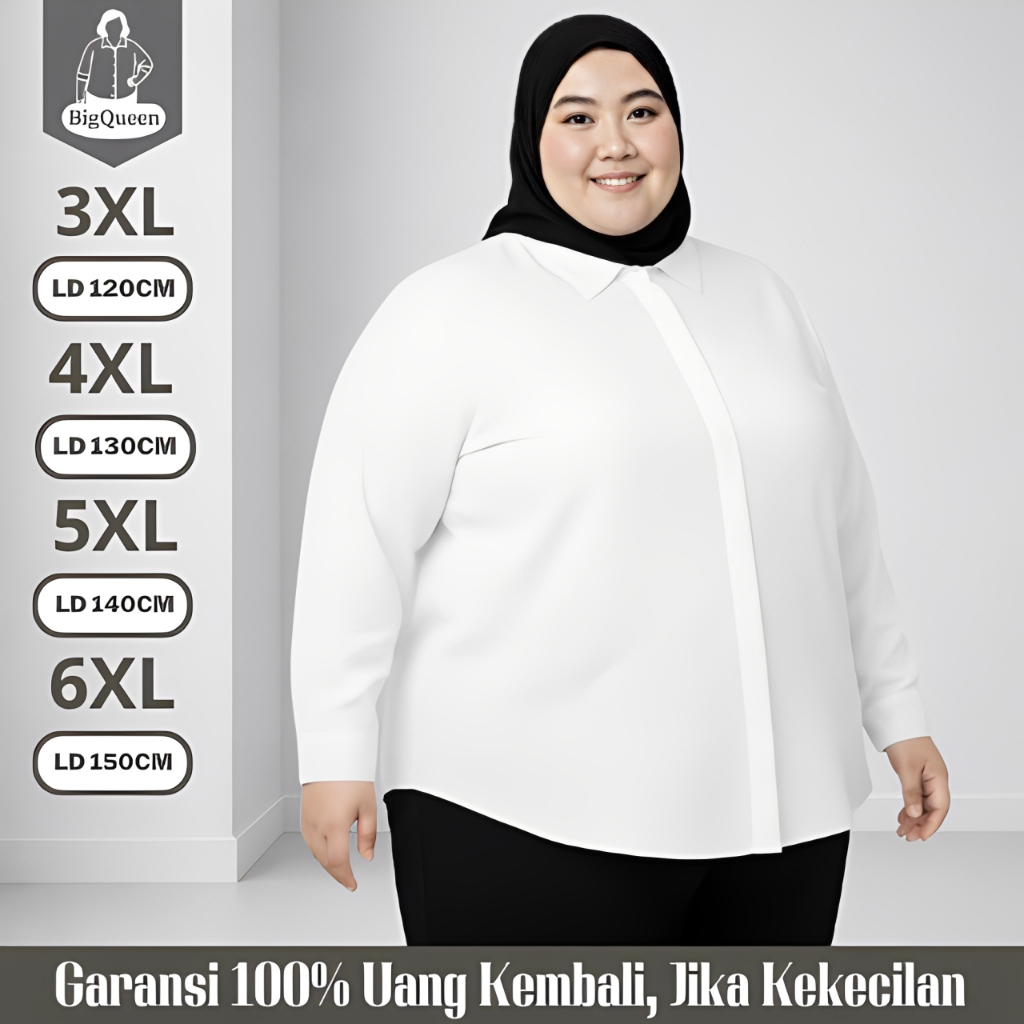 Kemeja Putih Wanita Lengan Panjang Polos Rayon Twill Premium Jumbo LD 120 130 140 150