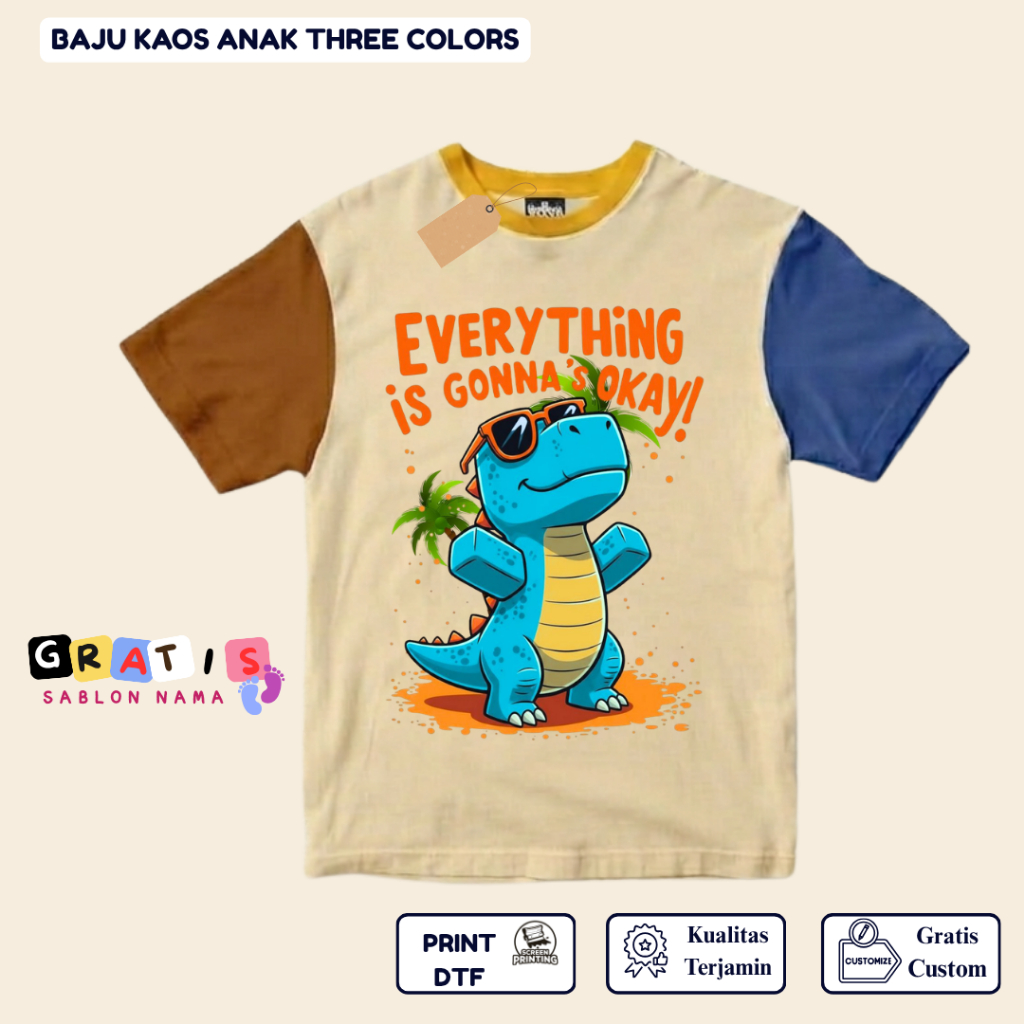 shabira tas  - Kaos Anak DINO EVERYTINK  - Kaos Anak Pendek Three Colors Dino - Kaos Anak Sablon Nam