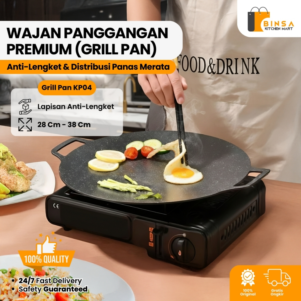 BINSA - Baking Grill Pan Anti Lengket 28/30/34/38cm Grill Pan BBQ Serbaguna Teflon Datar KP04