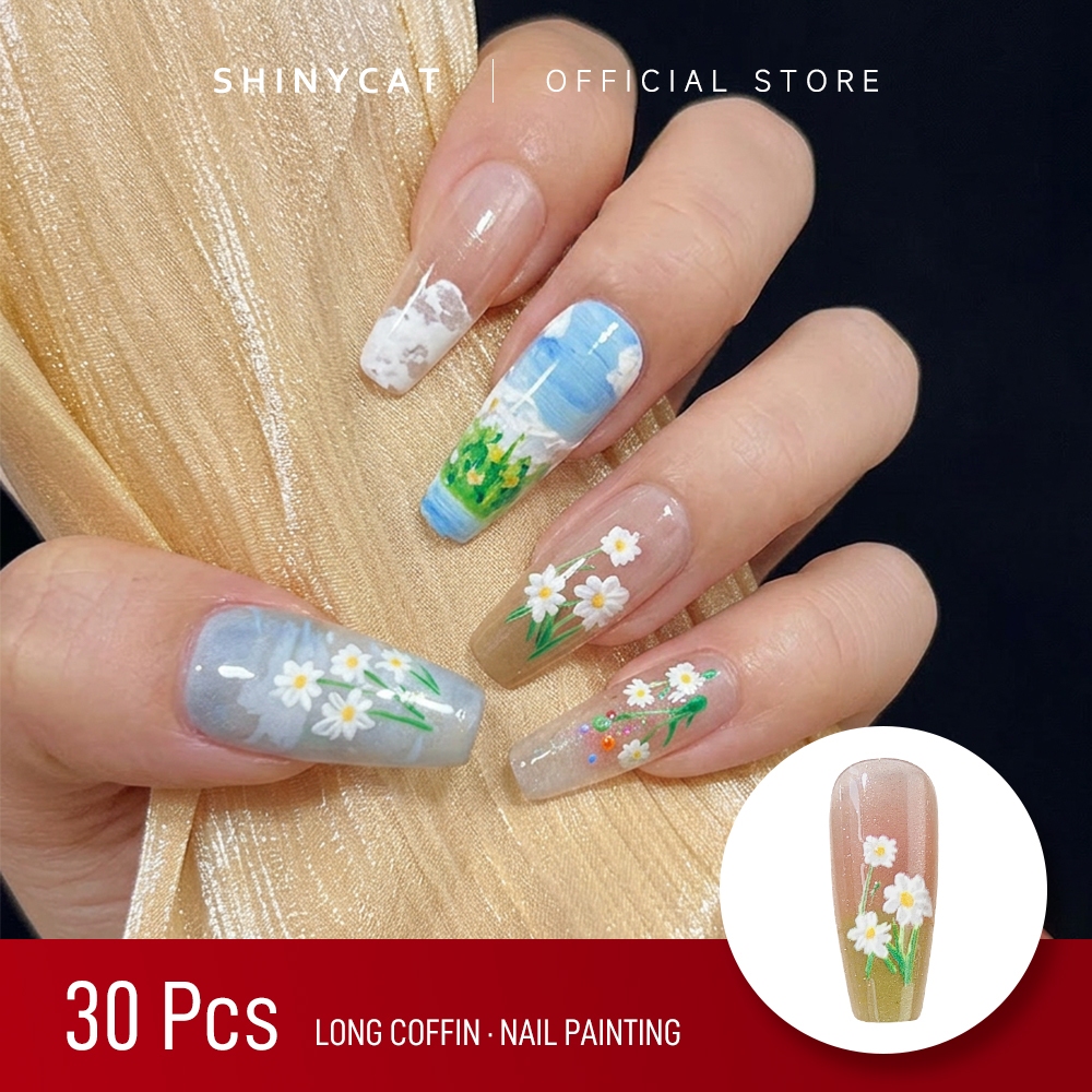 Shinycat Kuku Palsu Tempel 30 Pcs Long Coffin Press-On Nails Motif Bunga Oil Painting Fake Nails Nai