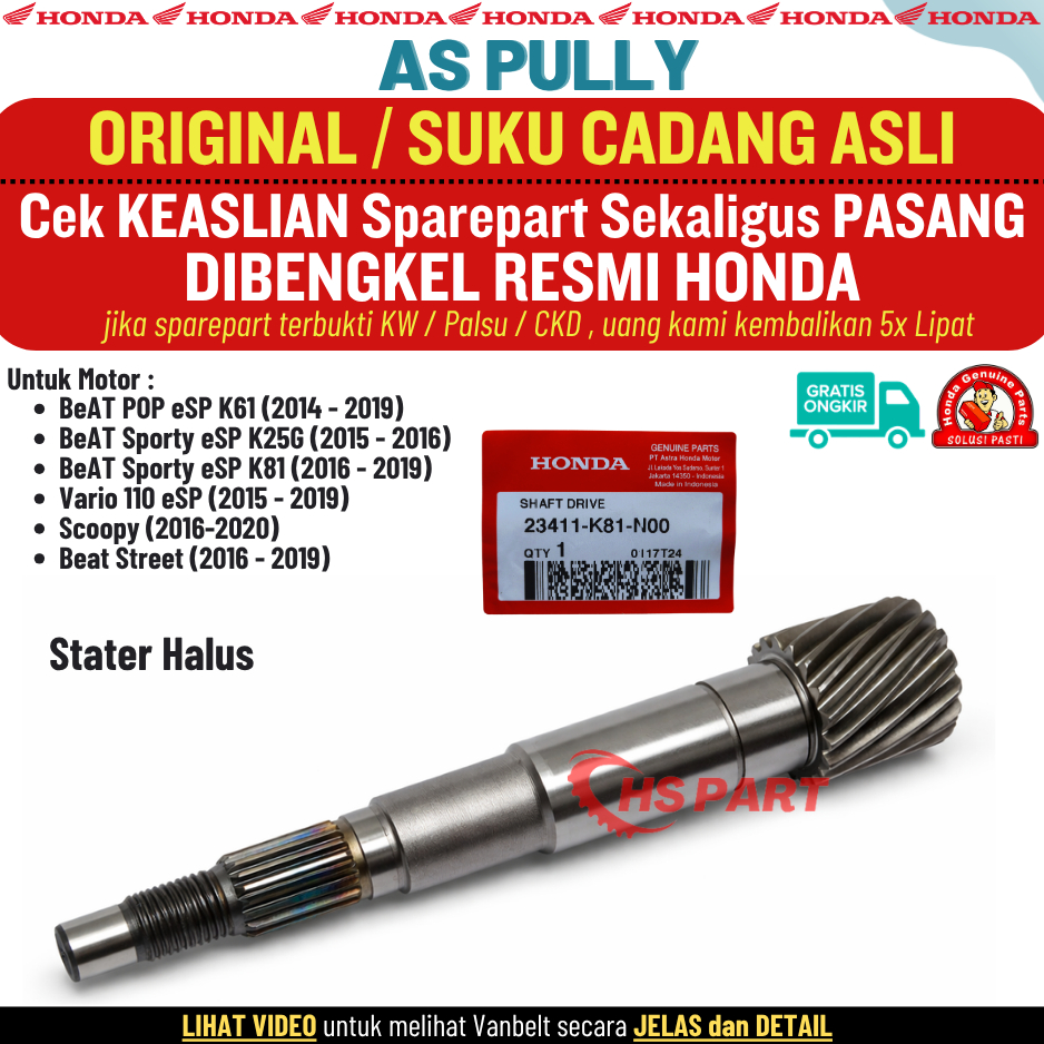 AS Pully Pulley Beat Fi Esp Street POP Scoopy Vario 110 Fi Esp Stater Halus Original Honda 100%