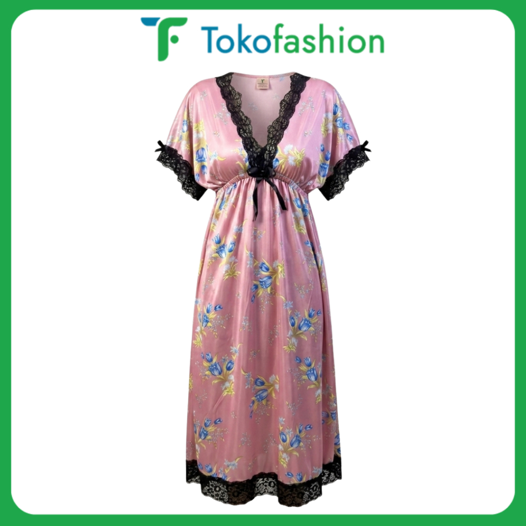 Tokofashion Baju Tidur Bahan Satin Dress Lingerie daster Renda motif bunga bunga BT374