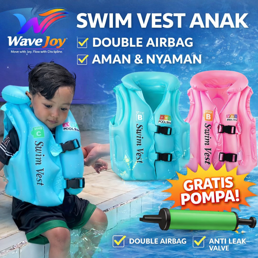 Swim Vest Anak Double Airbag Pelampung Renang Pool School Eco PVC S M L