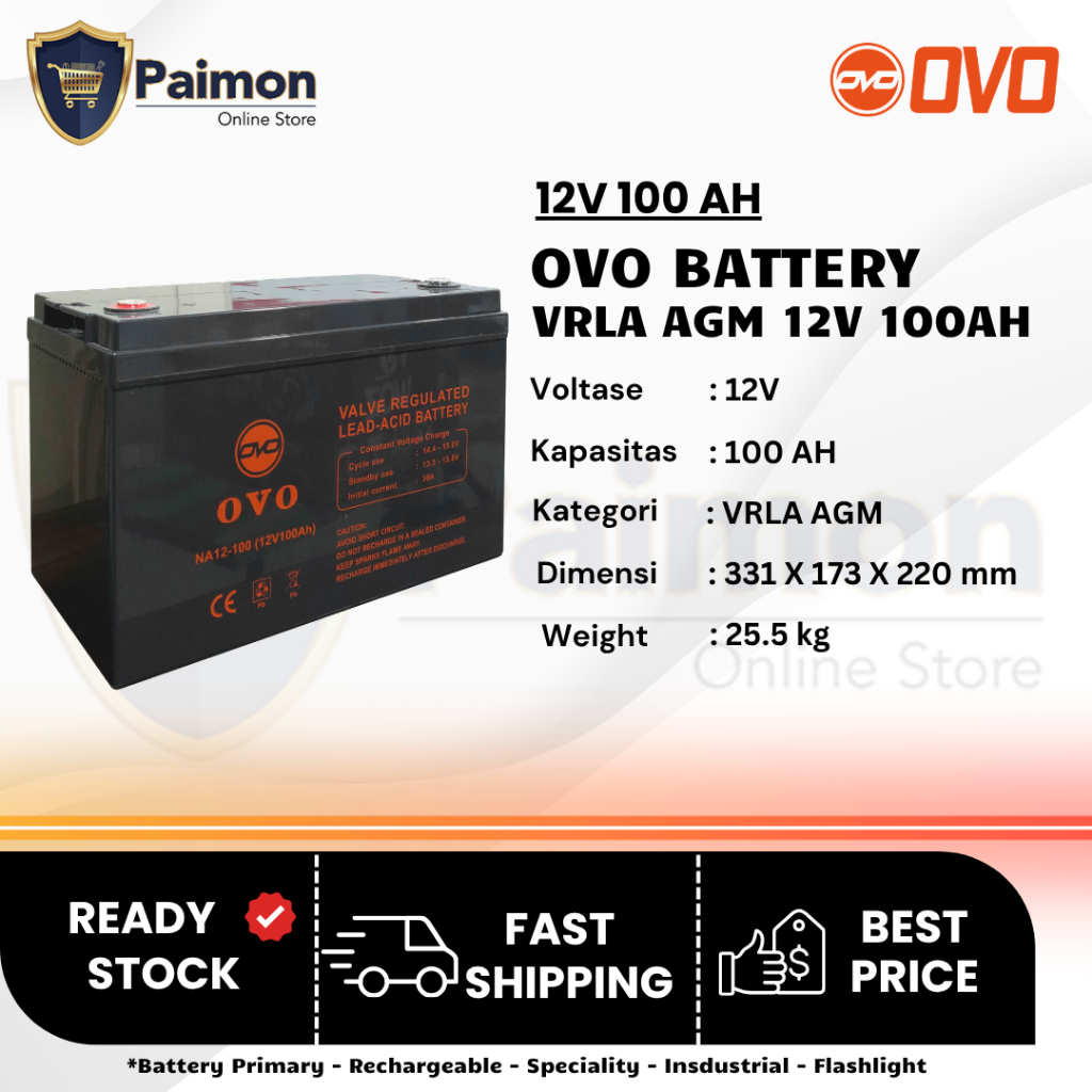 Baterai OVO VRLA 12V 100 Ah - Baterai Aki 12V 100 Baterai Panel Surya