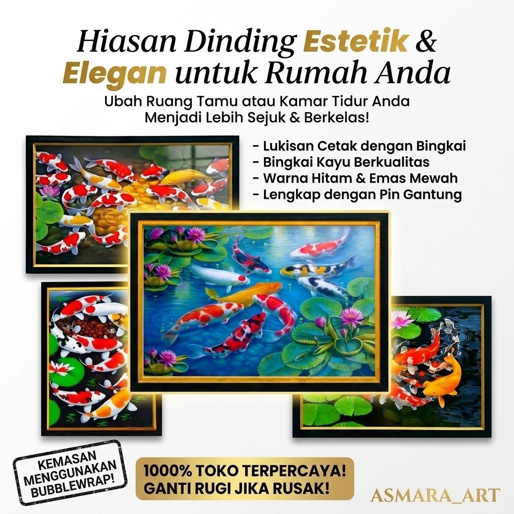 Hiasan Dinding Lukisan Cetak Gambar ikan Koi Ukuran Besar || ikan Koi best Seller || plus Bingkai Ca