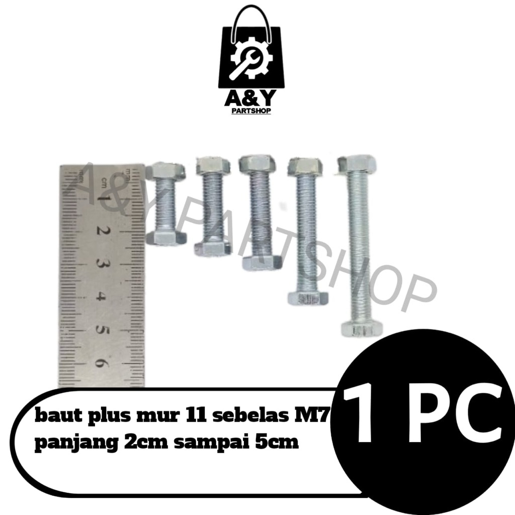 Baut 11 Sebelas M7 7mm kunci 11 plus Mur panjang 2cm 2,5cm 3cm 4cm 5cm