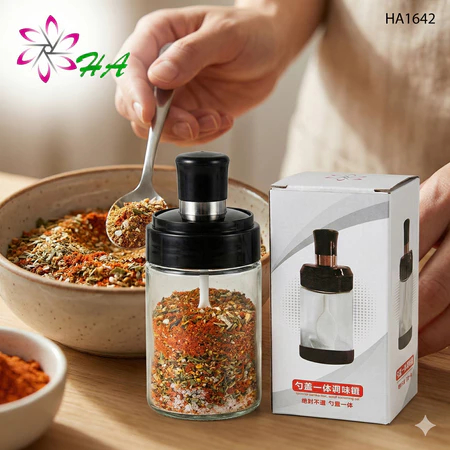 Botol Tempat Bumbu Dapur Kaca dengan Sendok - 250ml, Tutup Kedap Udara, Desain Unik