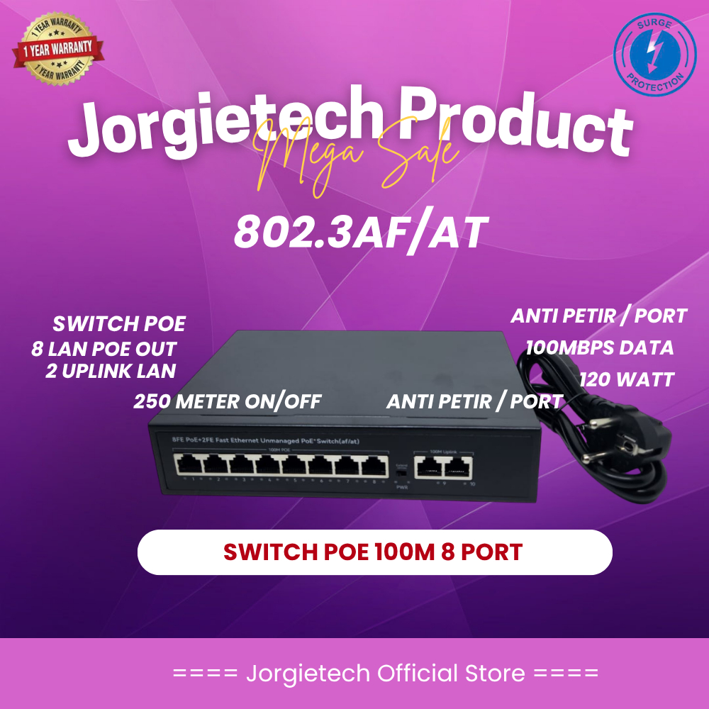 Jorgietech Smart AI Poe Switch 802.3af/at 100M 10 Port (8 Port Poe + 2 Port Uplink) 120Watt Hikvisio