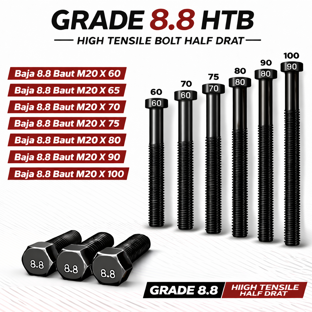 Baja 8.8 Baut M20X60 / Baut 20X60 / M20 X 60 / 20 X 60  Grade 8.8 HTB - High Tensile Bolt Half Drat