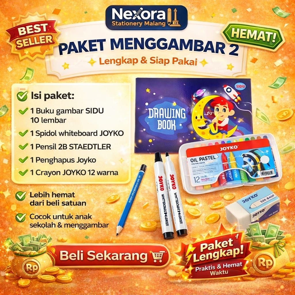 Paket Menggambar dan Menulis Lengkap Buku Gambar Pensil 2B Staedtler Crayon Joyko 12 Warna Penghapus