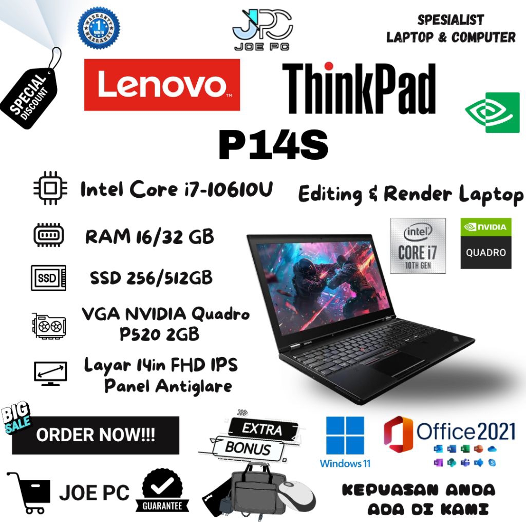 Laptop Editing Rendering Intel Core i7 Gen 10th RAM 16GB SSD 512GB VGA Nvidia Quadro P520 Layar Disp