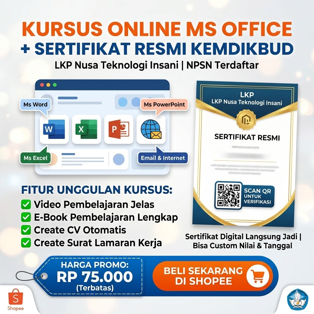 Kursus Microsoft Word, Excel, Powerpoint dan Internet + Sertifikat Resmi Lembaga Terferivikasi Kemdi