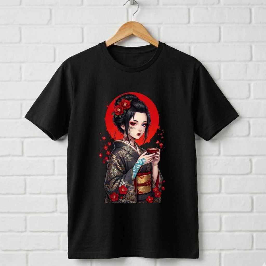 Kaos Red Sun Japanese Girl. Kaos Hitam Premium. Japanese Style T-Shirt. Japanese Art Tshirt. Kaos St