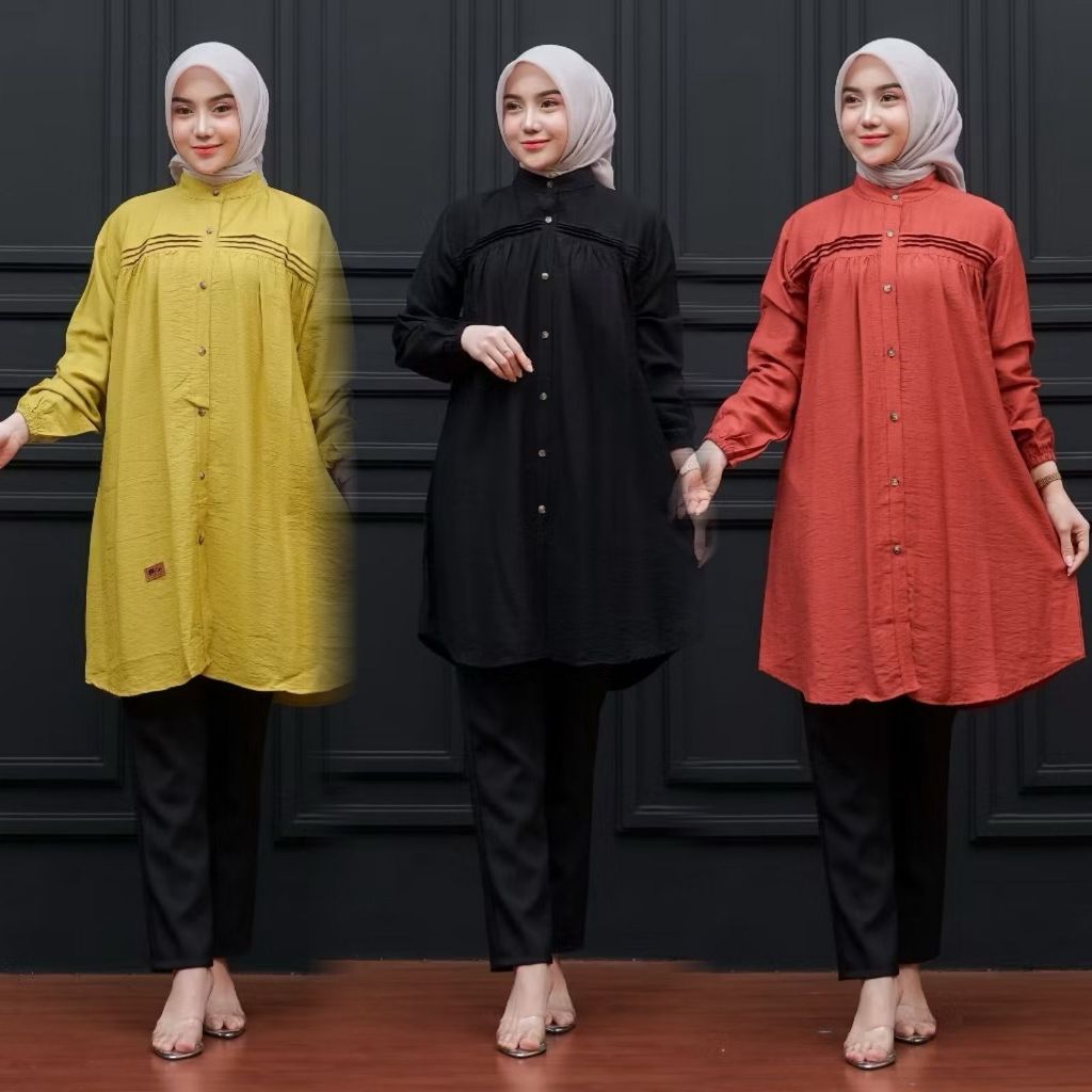 (ADA JUMBO) CLARISA LONG TUNIK PREMIUM PROMO Baju Tunik Muslim Wanita Adem Linen
