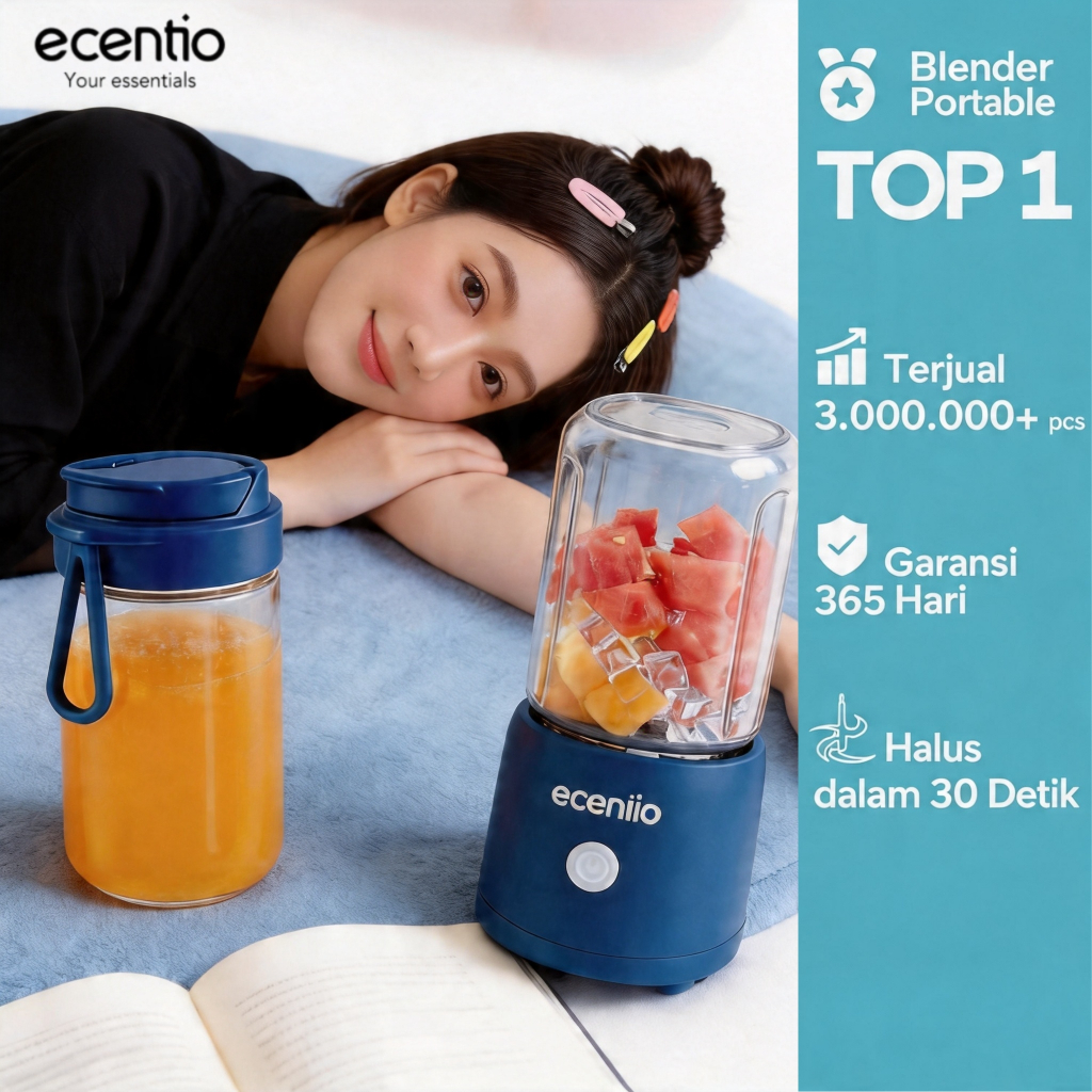 ecentio blender 10 pisau juicer Kaca Tebal 2 Cup mini portable dengan sedotan 380ml+380ml