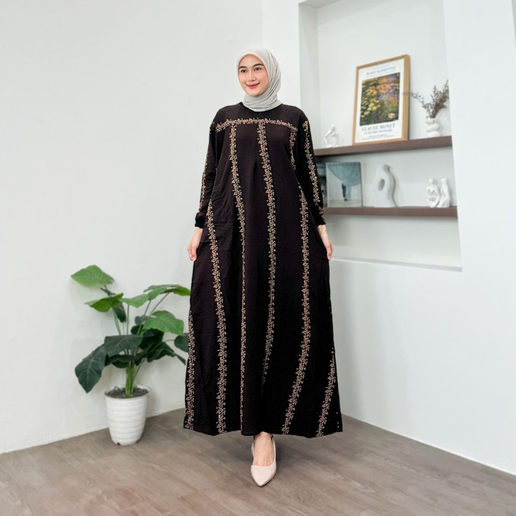 Gamis Wanita Rayon Bunga Premium, Motif Printing, Busui Friendly