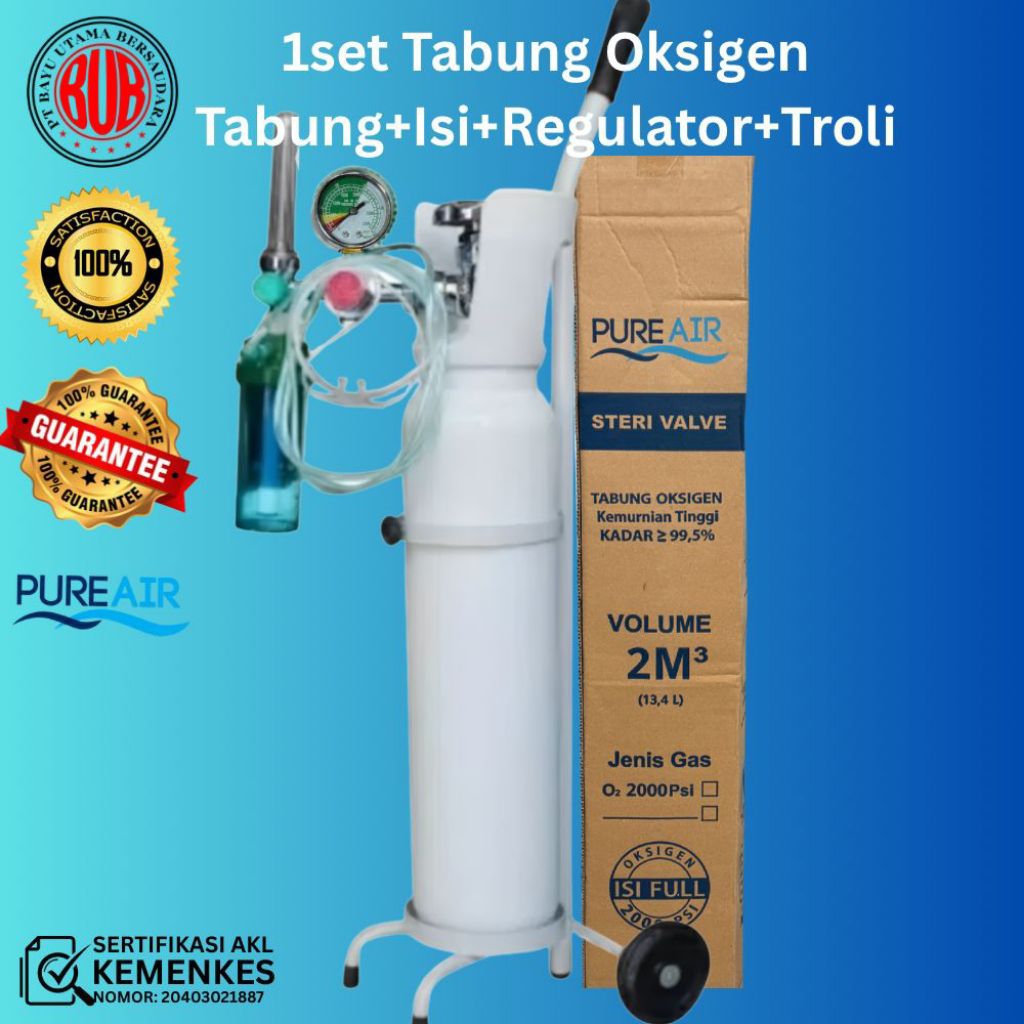 Tabung Oksigen 2m3 Kapasitas Besar Include Isi Oxygen, Regulator, Selang & Troli