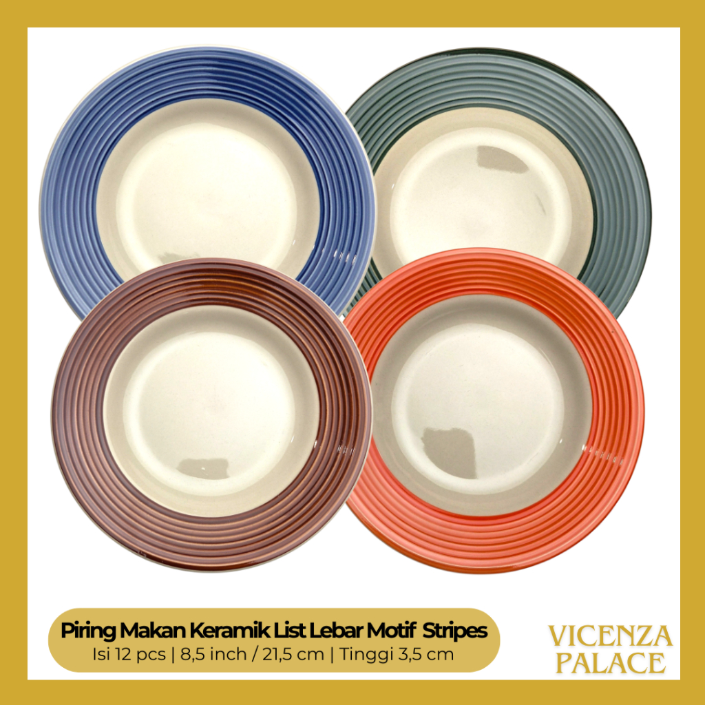 Piring Makan Keramik Emboss List Lebar Warna Motif E19 Stripes Lucky Ukuran 8 inch (1 Lusin)