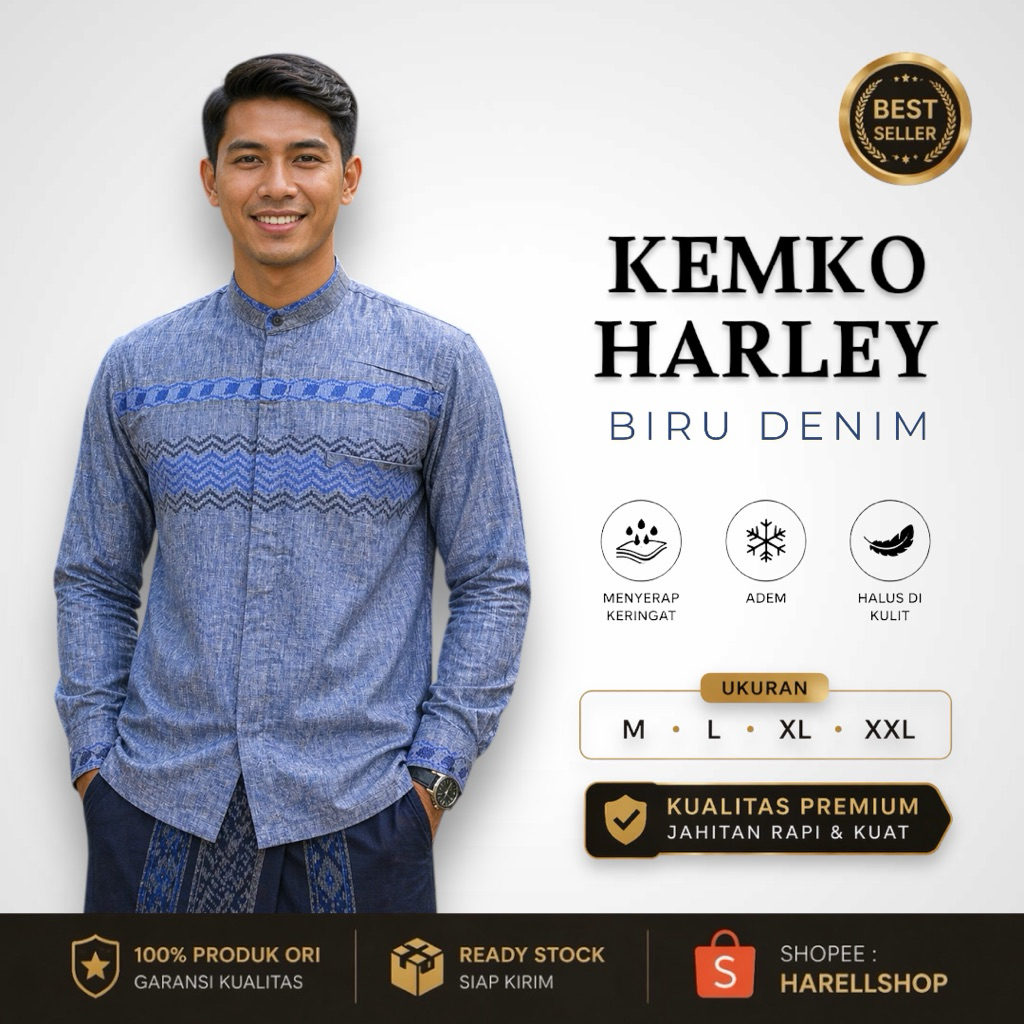 Kemko Harley Pria Lengan Panjang – Biru Denim – Baju Koko Modern – Banyak Varian Warna
