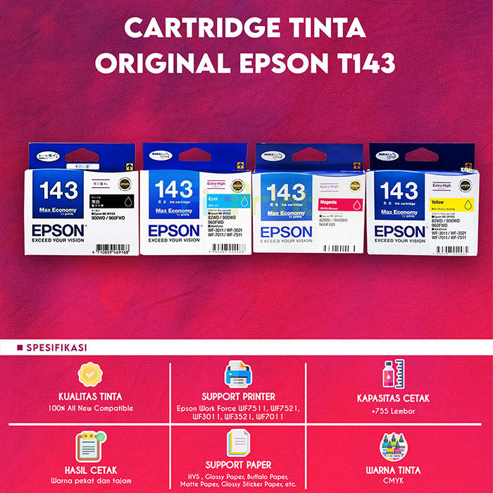 Cartridge Tinta Epson 143 Black Cyan Magenta Yellow WF7511 WF-7511