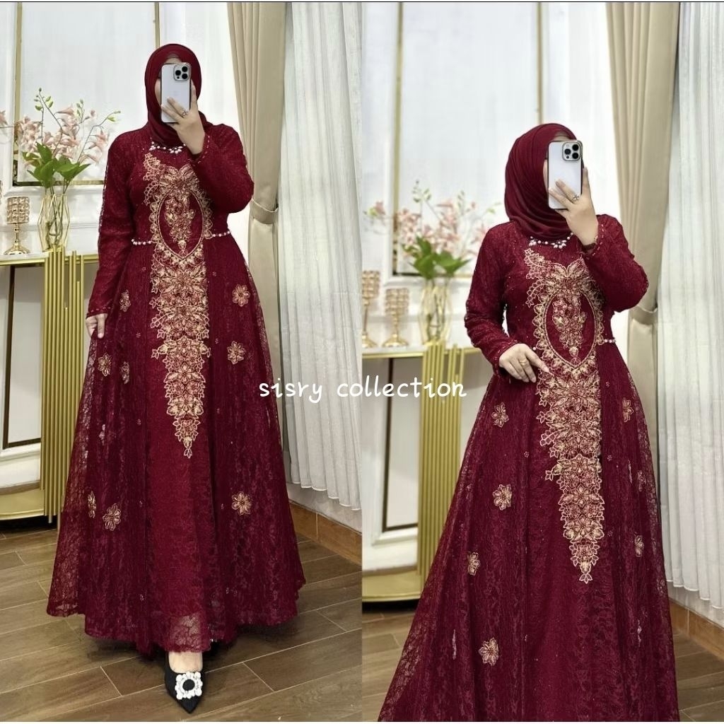 Free Hijab Gamis Brokat Bordir Emas Mewah untuk Pesta