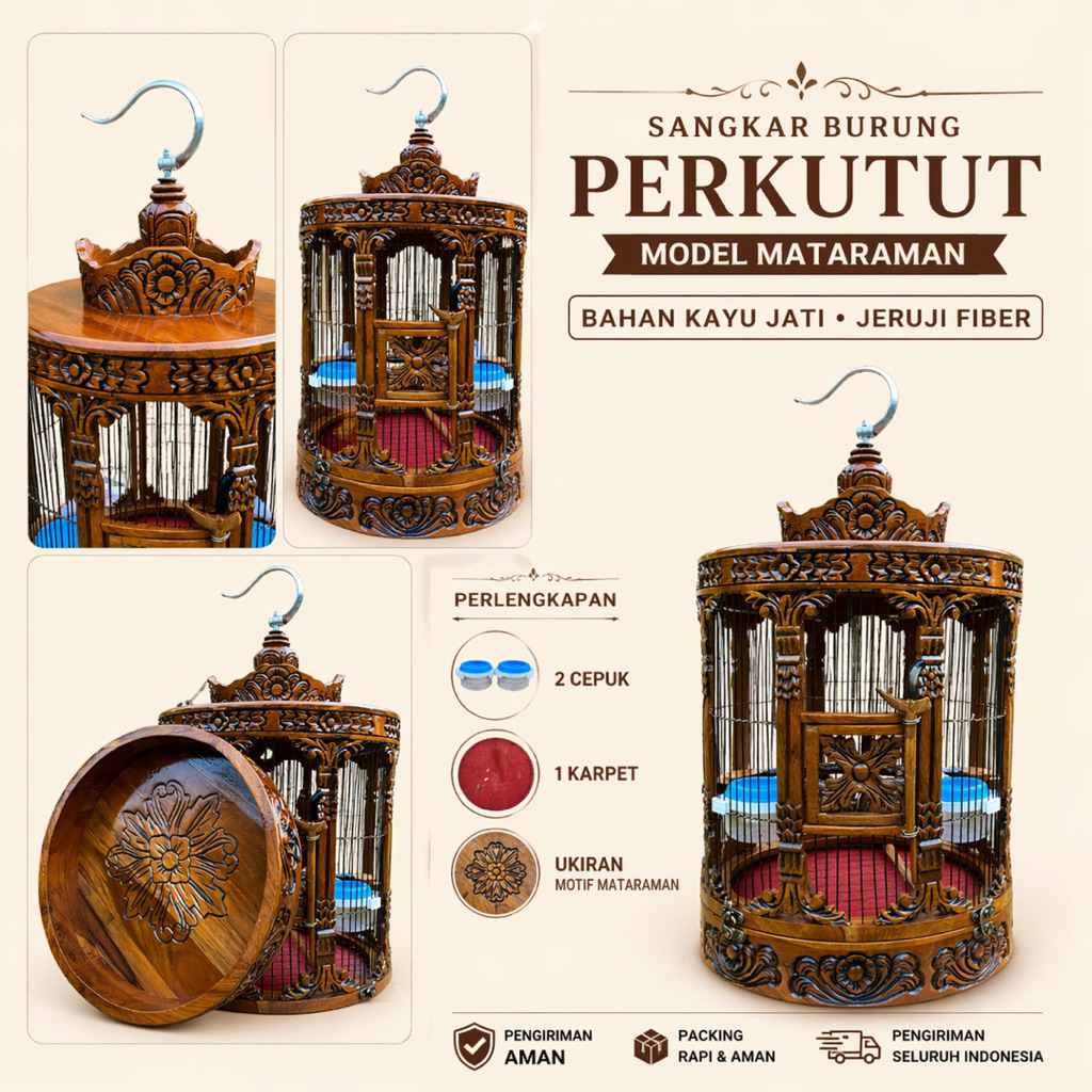 Sangkar Perkutut Mataraman Jati Ukir Jepara Full Set Jeruji Fiber + Aksesoris