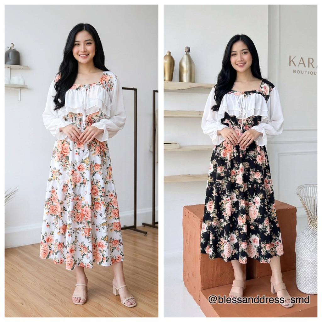 Viola Dress Bangkok Premium Bigsize | Dress Ruffle Sifon Floral Kekinian