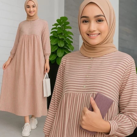 Jawani Midi Dress Garis Salur Premium Import Gamis Wanita Muslim Syar'i Motif Salur Viscose Busui Ka