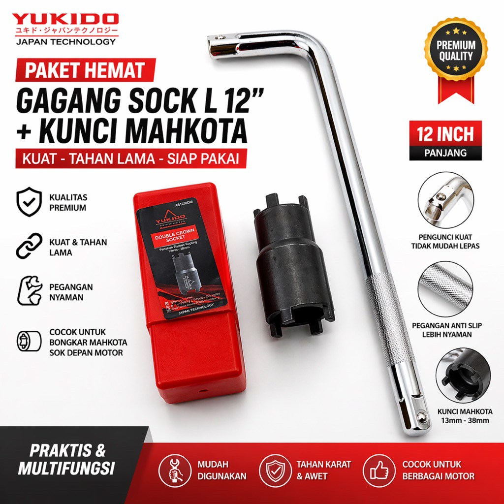 PAKET 2 ITEM - KUNCI MAHKOTA + GAGANG SHOCK ( L ) - Double Crown Socket Kunci Mahkota Kunci Kopling 