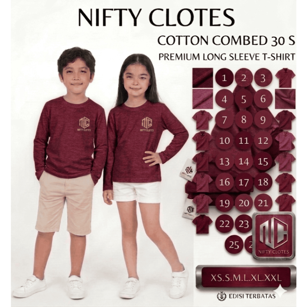 Niftycloth Kaos Polos Anak Lengan Panjang Maroon