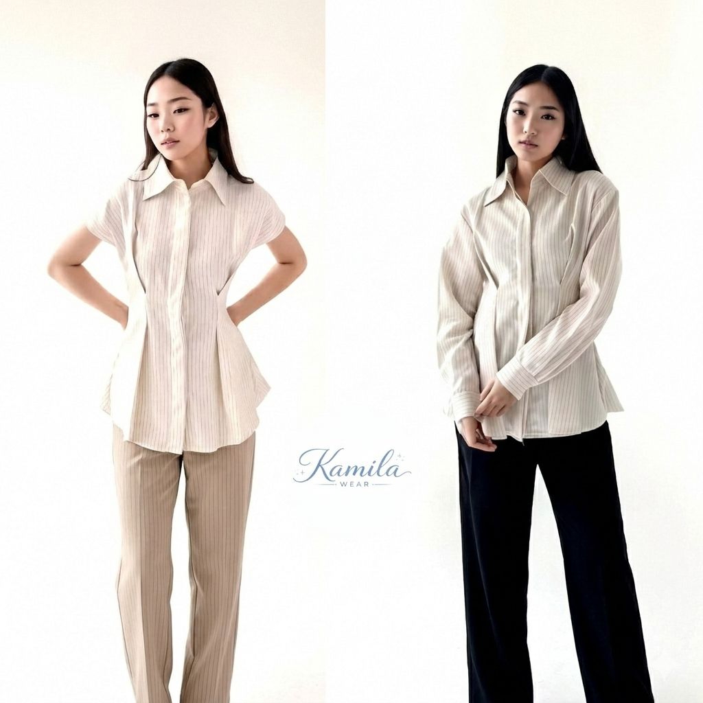 Kemeja Fitted Kemeja Kerja Wanita Blus Garis Garis Lengan panjang Dan Pendek Atasan motif garis-gari