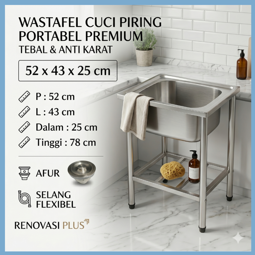 PREMIUM KITCHEN SINK PORTABEL STAINLESS 52x43cm / WASTAFEL CUCI PIRING 1 LUBANG JUMBO / BAK CUCI PIR
