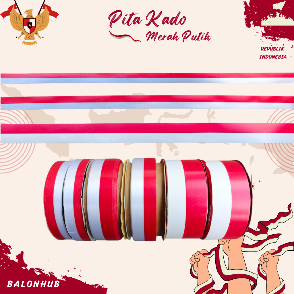 1 Meter Pita Kado Merah Putih Uk 2cm 2,5cm 3,8cm | Pita Bendera Merah Putih 20mm 25mm 28mm | Pita Ka