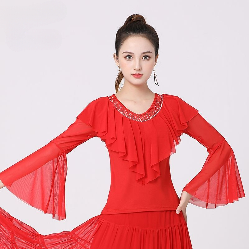 Latin Dance Costume Square Dance Modern Dance Practice Performance Costume Dance Flared Sleeve Top B