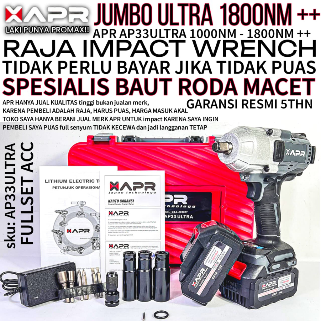 Impact wrench jumbo APR AP33ULTRA 1800nm 2Baterai impek kuat mobil motor mesin truck apr