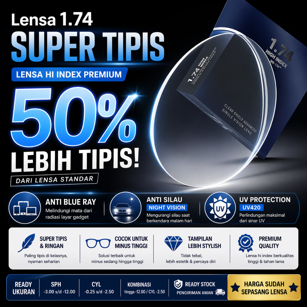 Lensa Hi Index 1.74 Super Tipis Anti Blue Ray Anti Silau | Lensa Minus Tinggi Premium UV420